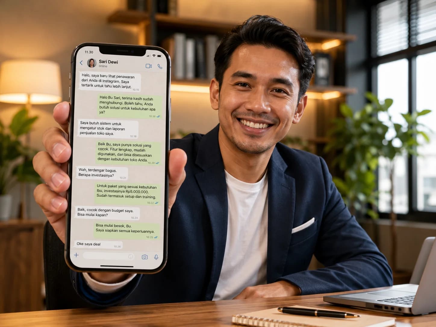 Entrepreneur happy hold phone tampilkan customer 'Sari Dewi' bilang 'Oke saya deal'