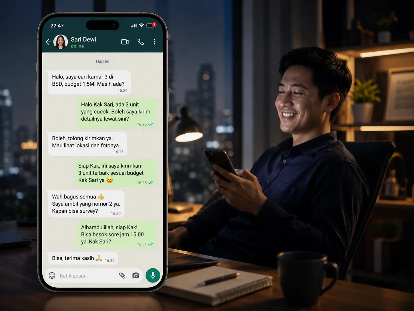 Hand hold phone tampilkan bot cold reply harga