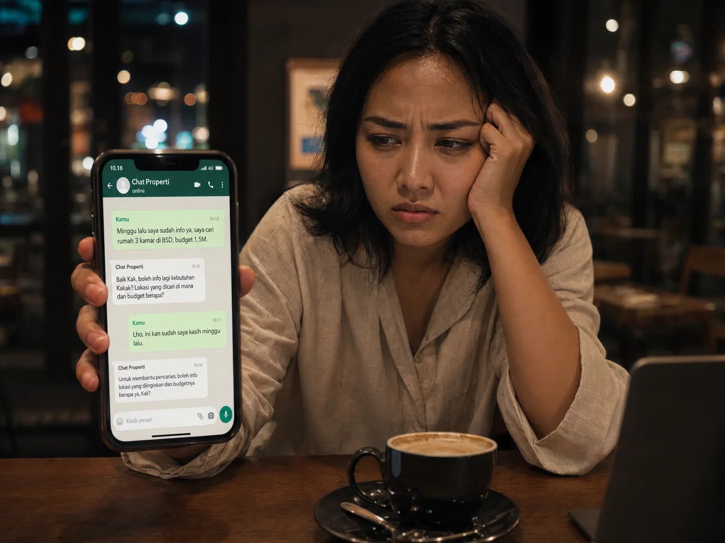 Woman frustrated dengan phone menampilkan bot yang tanya ulang