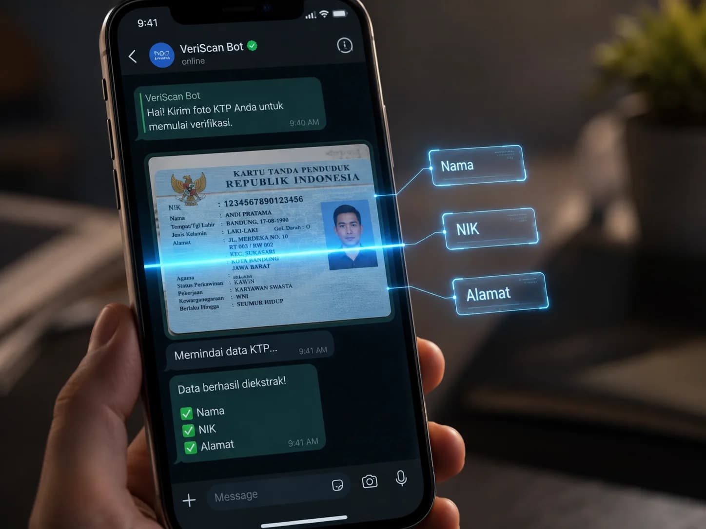 Close-up phone KTP scan dengan azure line + fields extraction