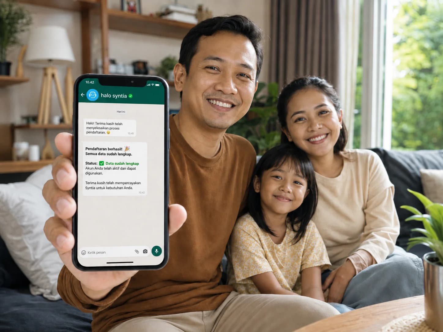 Family relax di couch, hold phone tampilkan Syntia konfirmasi sukses