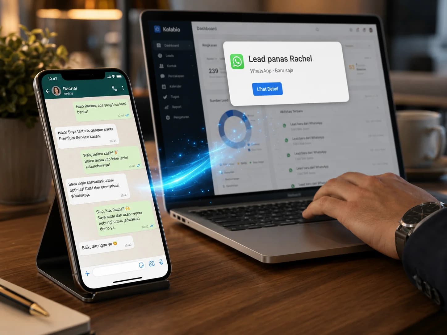 Workspace: phone WA + MacBook notif 'Lead panas Rachel'