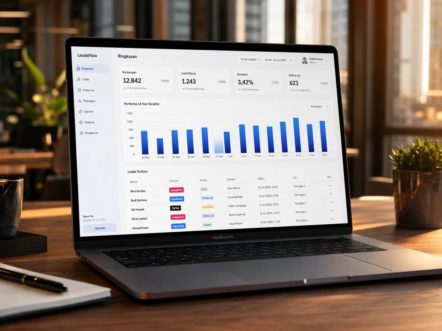 MacBook menampilkan dashboard SaaS modern dengan KPI cards & chart