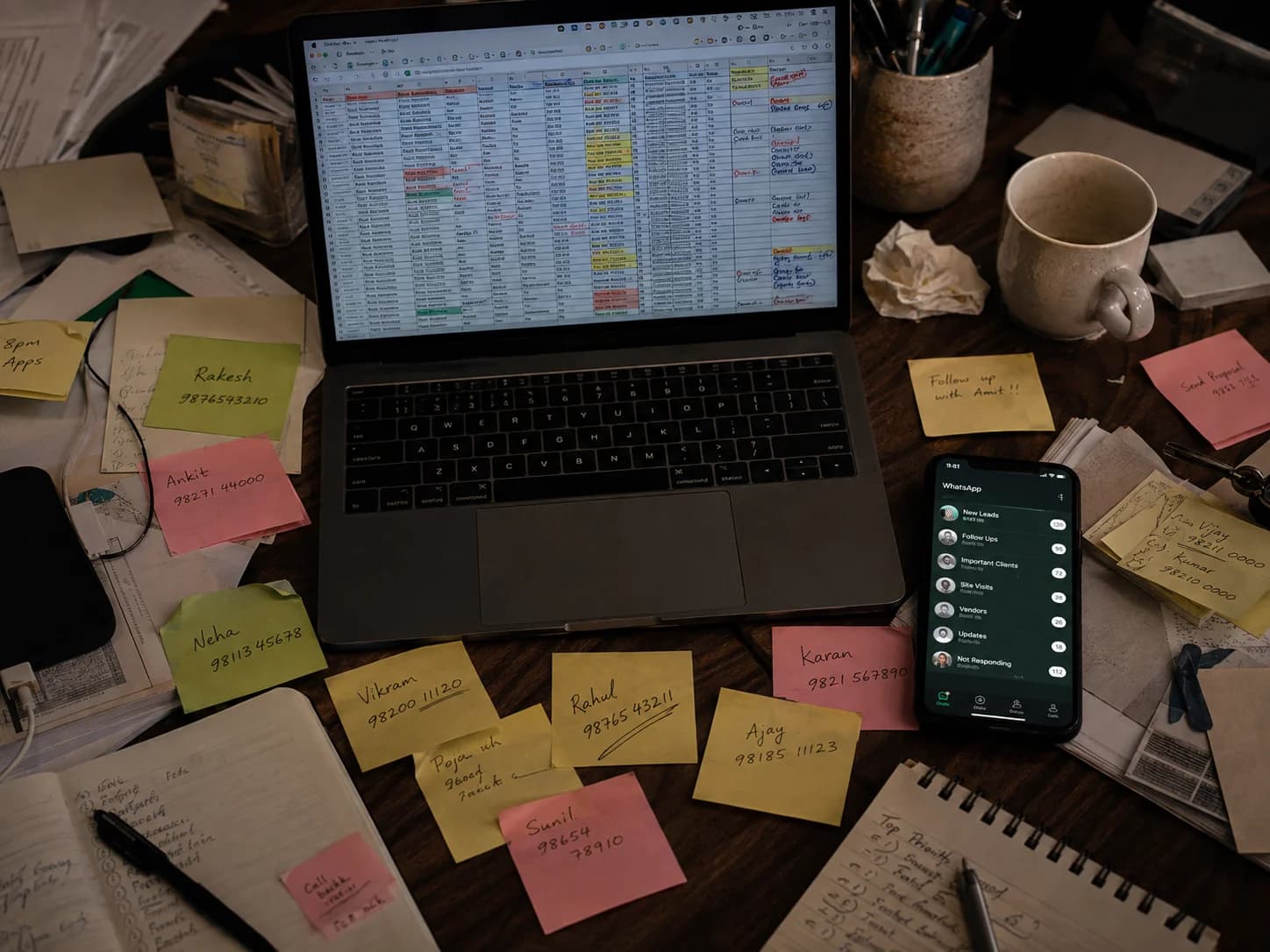 Messy desk sticky notes tersebar phone WA banyak unread