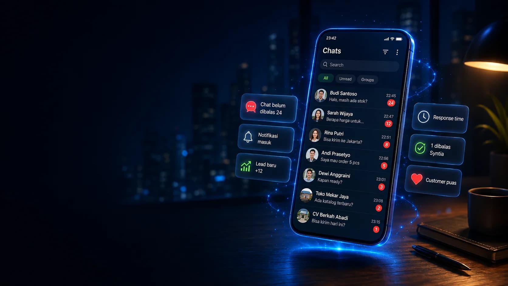 Entrepreneur workspace di malam hari dengan chat WhatsApp yang belum terbalas